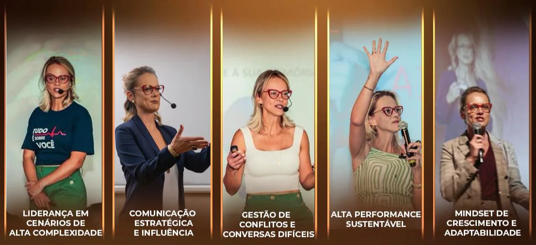 Temas: Liderança em cenários de alta complexidade; Comunicação estratégica e influência; Gestão de conflitos e conversas difíceis; Alta performance sustentável; Mindset de crescimento e adaptabilidade